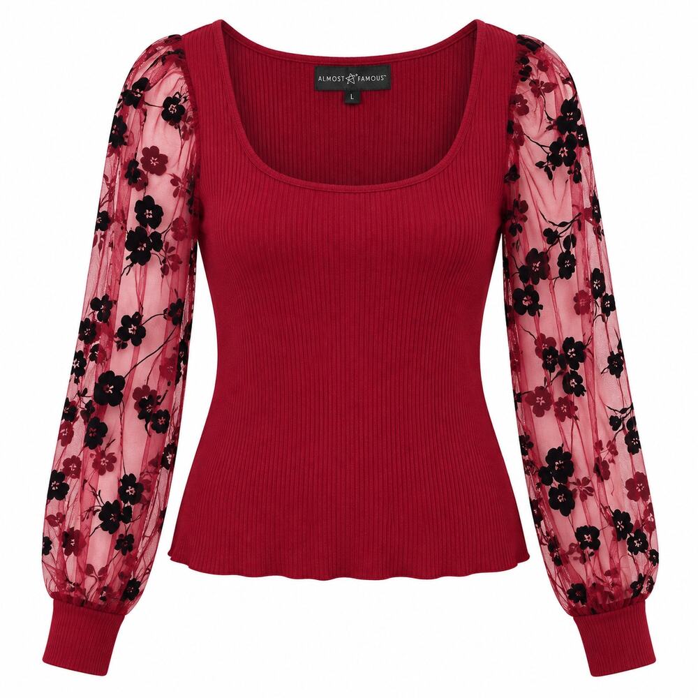 Almost Famous Floral Mesh Sleeve Ribbed Sweater Red Romantic Feminine Women L